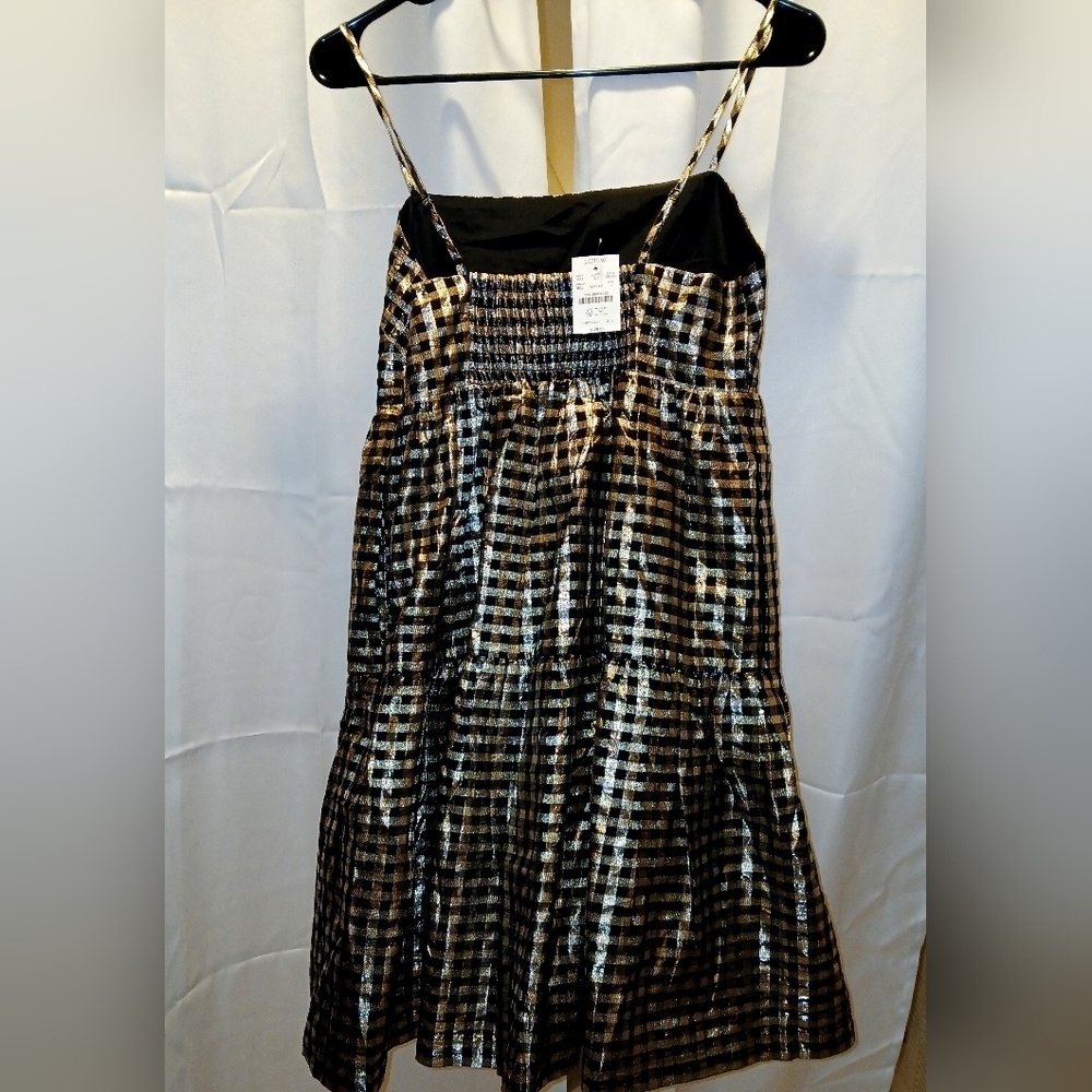 J . CREW BLACK GOLD LUREX METALLIC GINGHAM TIERED MINI DRESS  - Picture 5 of 6